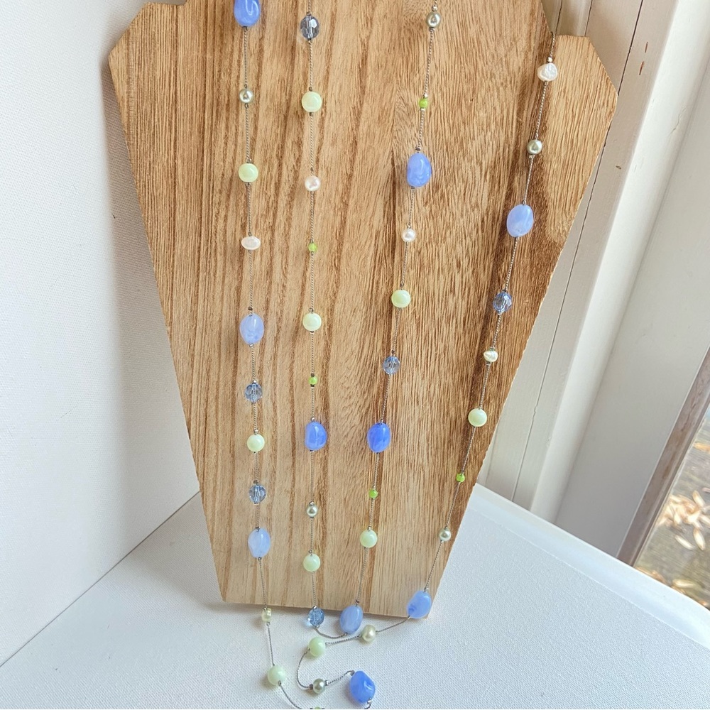 Long stations necklace single strand swirly blue and mint beads and faux pearls